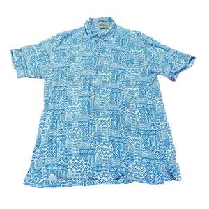 Kenny Flowers Shirt Mens Large Blue Shapes Rayon Island Classic Hawaiian Large
